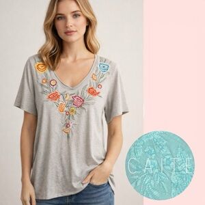 Caite Emily Tee Kayla Top Gray | Boho Artisan Embroidered Floral Luxe L